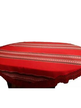 Beautiful vintage oval tablecloth red cotton blend crochet fringe holiday 64x66